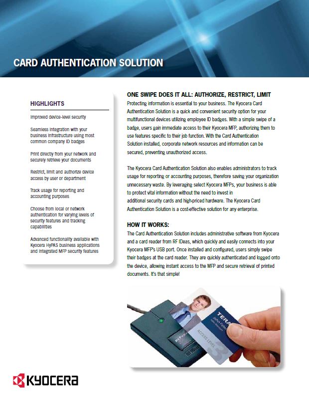 Kyocera Software Cost Control And Security Card Authentication Data Sheet Thumb, Kittinger Business Machines, Copystar, Kyocera, Epson, Kobra, Orlando, Central, Florida