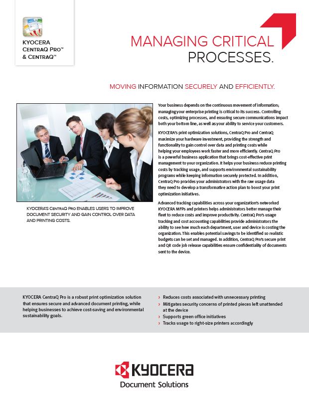 Kyocera Software Cost Control And Security Centraq Pro Data Sheet Thumb, Kittinger Business Machines, Copystar, Kyocera, Epson, Kobra, Orlando, Central, Florida