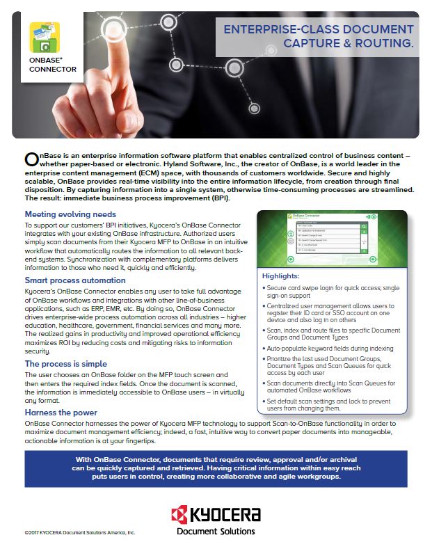 Kyocera Software Document Management Onbase Connector Data Sheet Thumb, Kittinger Business Machines, Copystar, Kyocera, Epson, Kobra, Orlando, Central, Florida