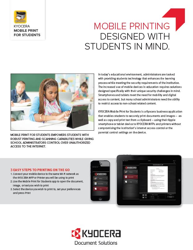 Kyocera Software Mobile And Cloud Kyocera Mobile Print For Students Data Sheet Thumb, Kittinger Business Machines, Copystar, Kyocera, Epson, Kobra, Orlando, Central, Florida