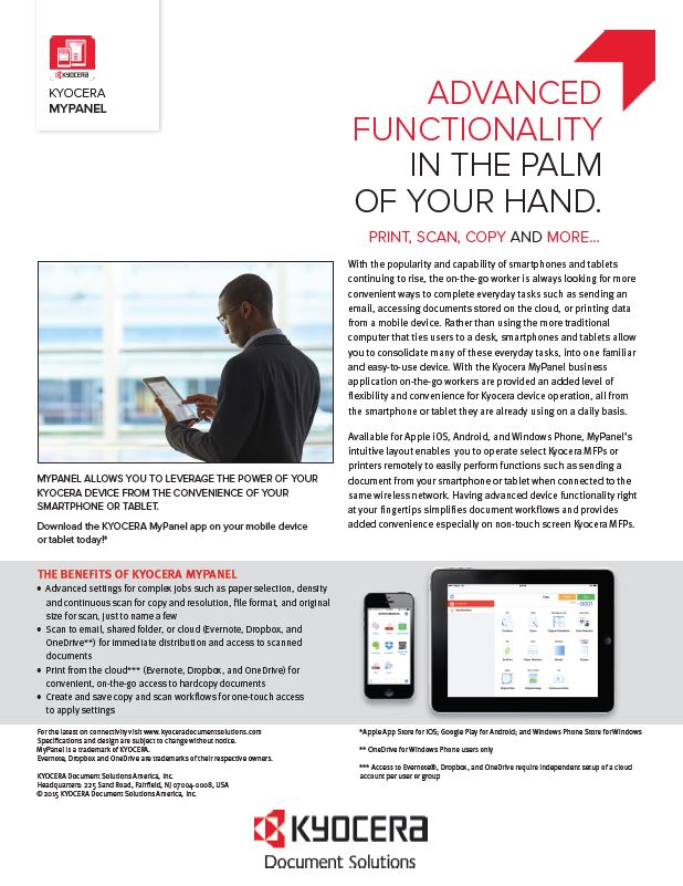 Kyocera Software Mobile And Cloud Mypanel Spec Sheet Thumb, Kittinger Business Machines, Copystar, Kyocera, Epson, Kobra, Orlando, Central, Florida