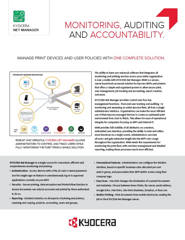 Kyocera Software Output Management Kyocera Net Manager Data Sheet Thumb, Kittinger Business Machines, Copystar, Kyocera, Epson, Kobra, Orlando, Central, Florida