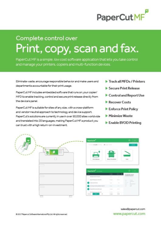 Fact Sheet Cover, Papercut MF, Kittinger Business Machines, Copystar, Kyocera, Epson, Kobra, Orlando, Central, Florida